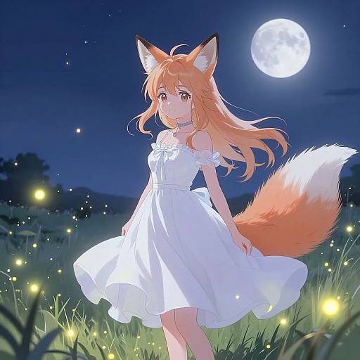 Anime-style drawing of a fox-girl with orange hair, fox ears, and tail, wearing a white dress, standing in a moonlit field with glowing