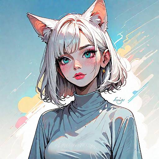 Volumetric Wolfgirl: White Hair Oversized Shirt