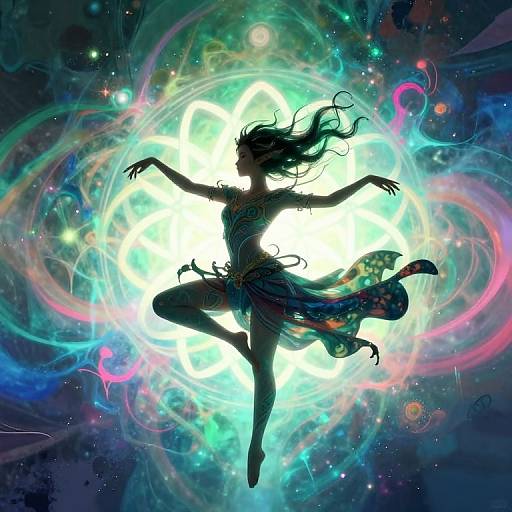 Digital artwork: Silhouetted dancing woman in colorful, swirling cosmic background with glowing, radiant light at center, surrounded by neon hues and ethereal