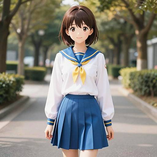 Anime-style digital illustration of a cute young girl in a blue and white Japanese school uniform, standing on a sunlit, tree-lined path.