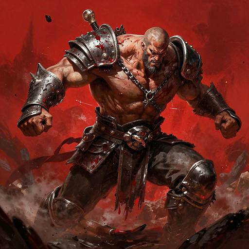 Digital illustration of a muscular, bald warrior with a beard, wearing metal armor and a bloody loincloth, kneeling in a red, smoky battlefield