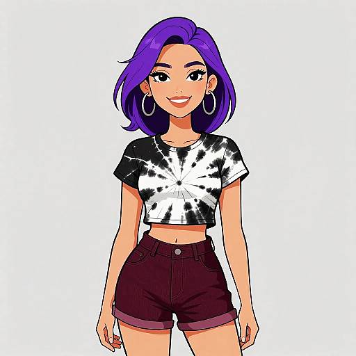 Digital anime-style drawing of a smiling young woman with purple hair, wearing a black-and-white tie-dye crop top and high-waisted dark shorts