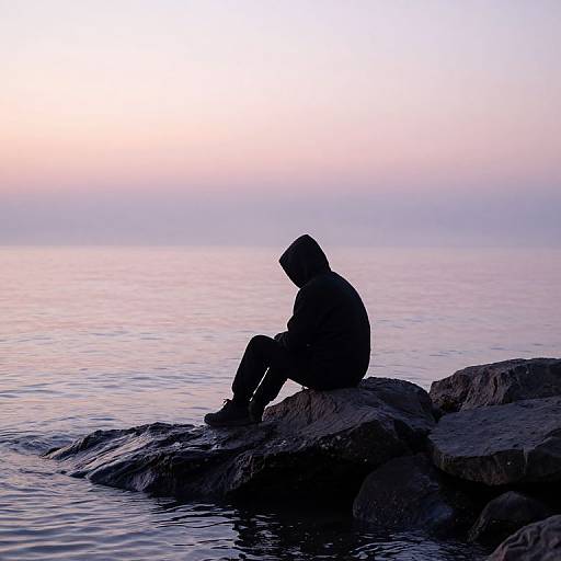 Silhouetted person in hooded jacket, sitting on rocky shoreline, gazing at calm, pink-tinged sunset over serene water. Phot