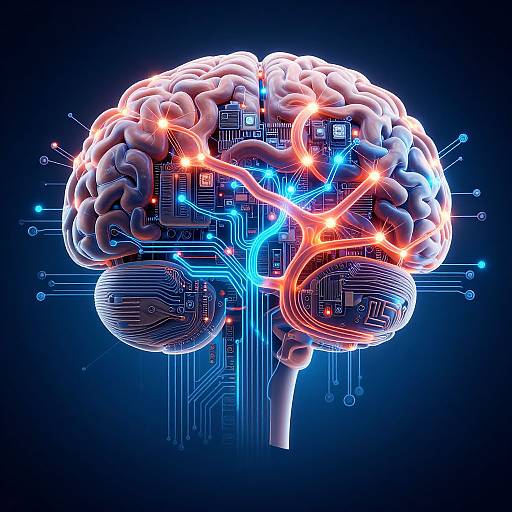 Digital illustration of a glowing, neon-colored brain with intricate circuitry, blue and orange lights, and wires, set against a dark blue background.