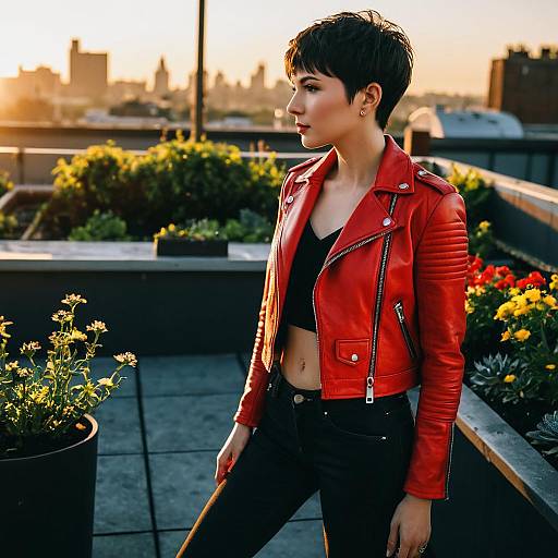 Fashionable Woman in Red Leather Jacket on Rooftop at Sunset