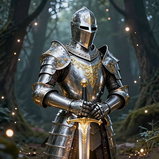Photorealistic CGI of a shining, ornate knight in medieval armor holding a glowing sword in a mystical, enchanted forest.