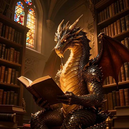 Photorealistic digital art: Dark, shiny dragon with golden underbelly reads an open book in a dimly lit, medieval library with stained glass