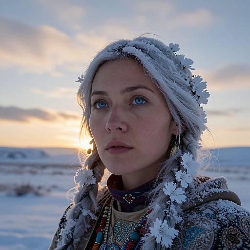 Photograph of a young woman with blue eyes, wearing a white snow-adorned headpiece, standing in a snowy landscape at sunset.