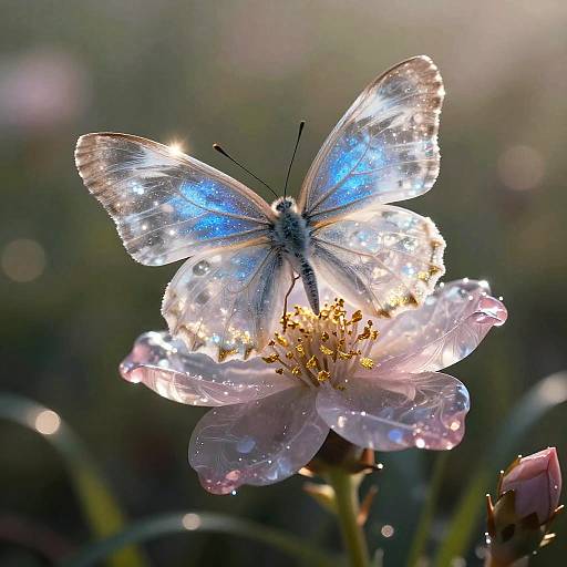 Photograph of a delicate, iridescent blue and white butterfly with glowing wings, perched on a dewy, pink flower with sparkling water dro