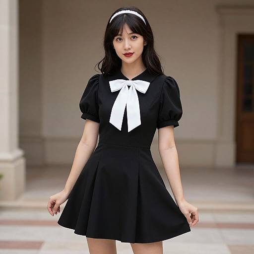 Young Asian woman with long black hair, wearing a black dress with white bow, white headband, and red lipstick, stands in a blurred indoor courtyard