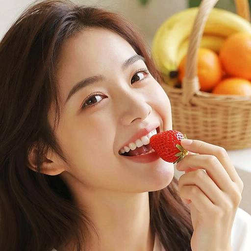 Photograph of a smiling young Asian woman with long black hair, holding a red strawberry to her mouth, with a wicker basket of bananas and oranges