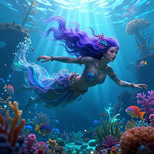 Digital artwork of a mermaid with vibrant purple hair and tail, adorned with jewels, swimming through a colorful, sunlit underwater coral reef.