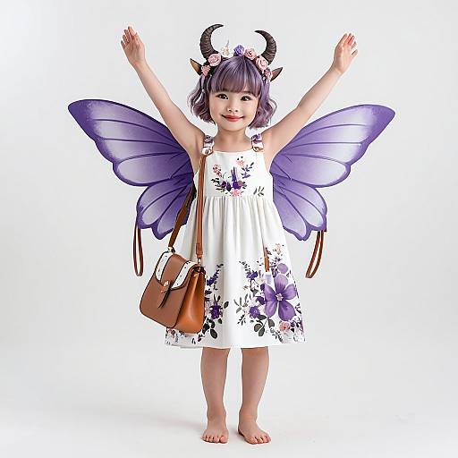 Photograph of a smiling young girl with purple wings, small horns, and purple hair, wearing a white floral dress and brown bag, arms raised.