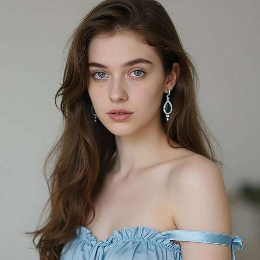 Photograph of a fair-skinned young woman with long brown hair, blue eyes, and wearing an off-shoulder light blue top, adorned with