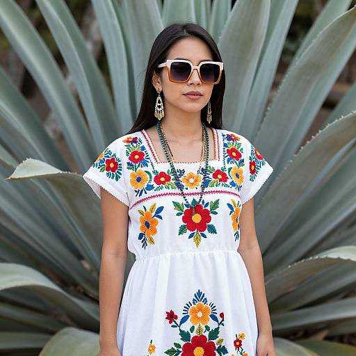 Photograph of a young woman with long black hair, wearing white floral dress, oversized sunglasses, and dangling earrings, standing in front of large blue ag