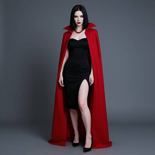 Photograph of a pale-skinned woman with black hair wearing a red cape, black strapless dress with thigh-high slit, black heels, and red