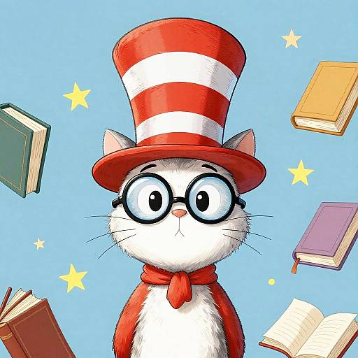 Cartoon Cat with Magical Books