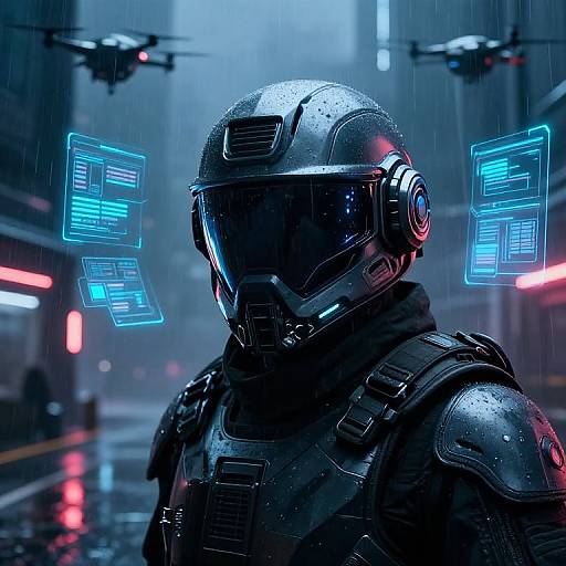 Cyberpunk soldier in futuristic armor with glowing holographic screens, rain-soaked streets, and flying drones in the neon-lit background. Digital art