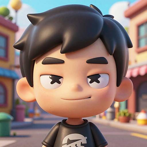 3D cartoon-style image of a young boy with black hair, black shirt, and mischievous smile, standing on a colorful street.