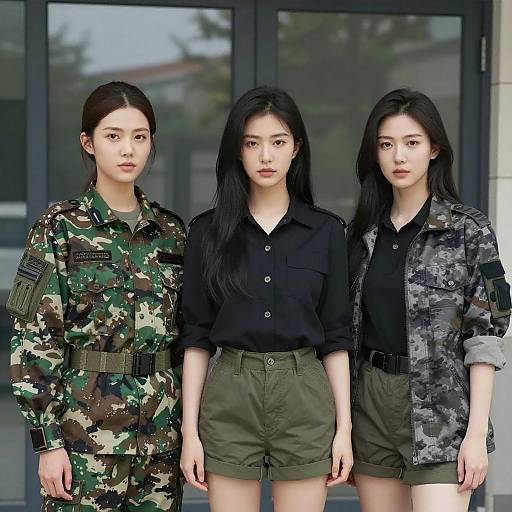 Three Asian Women in Military and Casual Wear