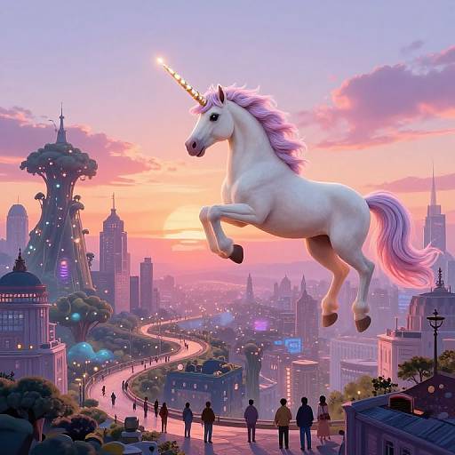 Digital artwork: A white unicorn with a pink mane and glowing horn leaps above a futuristic cityscape at sunset, with silhouetted people below and