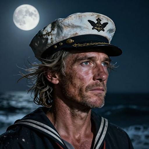 Photograph of a rugged, weathered man with blue eyes, wearing a white, dirty naval cap and dark uniform, gazing at a full moon