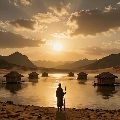 Silhouetted monk holding staff stands on rocky shore at sunset, gazing over calm lake with floating thatched-roof huts, surrounded by