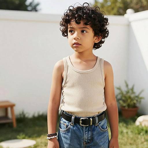 Photograph of a young boy with curly black hair, wearing a white ribbed tank top and blue jeans with a black belt, standing outdoors against a