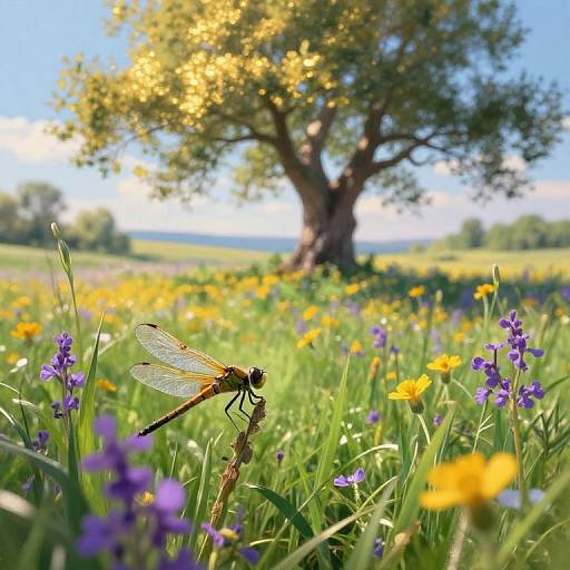 Photograph of a vibrant meadow with a yellow-brown dragonfly perched on a stem, surrounded by purple and yellow wildflowers, under a