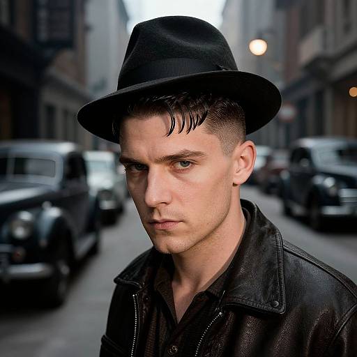 Photograph of a serious, fair-skinned, blue-eyed young man in a black hat and leather jacket, standing in a blurred city street with parked