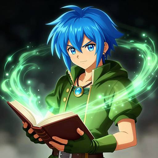 Digital anime-style drawing of a blue-haired, blue-eyed young man in a green hoodie, casting green magical spells from an open book.