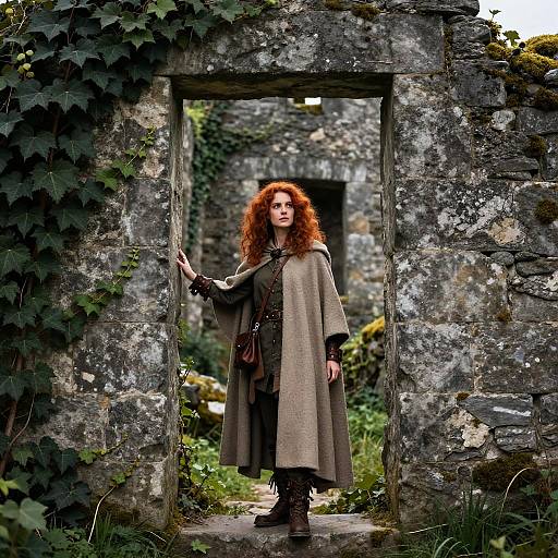 Photograph of a red-haired woman in a medieval-style cloak standing in a moss-covered stone doorway, surrounded by ivy and greenery.