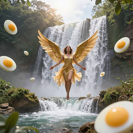 Photograph-like digital art of a golden-winged woman in a flowing dress, leaping over a waterfall surrounded by floating eggs. Sunlight filters through