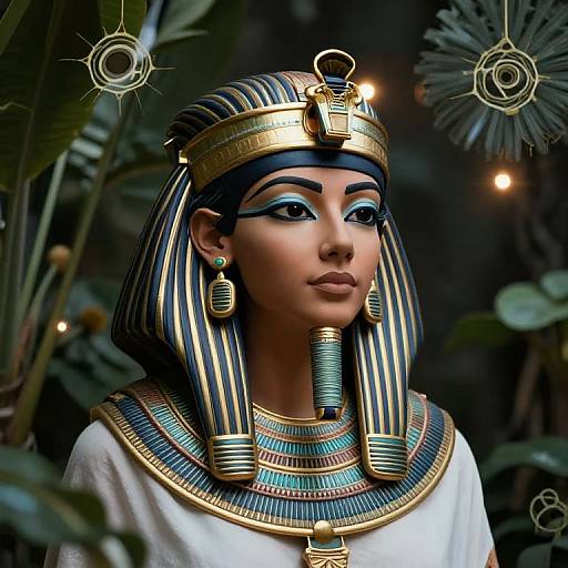 Digital artwork of an Egyptian queen with dark skin, blue and gold striped headdress, turquoise earrings, white robe, and ornate necklace, surrounded by