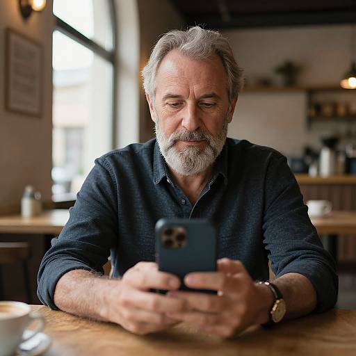 Photograph of an older white man with gray beard, wearing a black shirt, focused on his smartphone, sitting in a cozy, sunlit café.