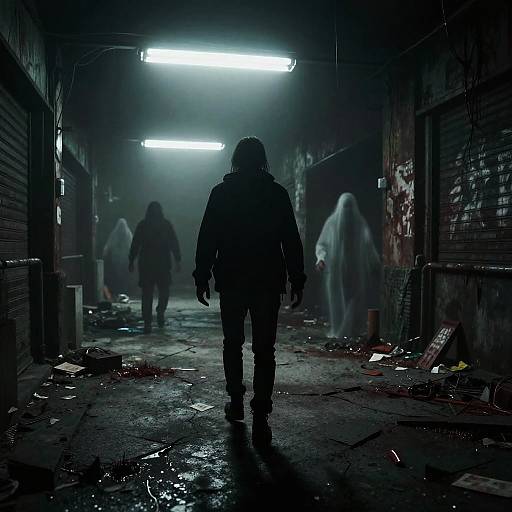 Photograph: Dark, eerie alley with fluorescent lights, ghostly figures, and a silhouetted man in a hoodie, surrounded by debris and