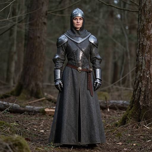 Photograph of a young woman in full medieval silver armor with a long dark grey robe, standing in a dense forest.