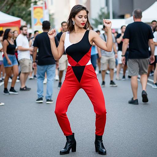 Photograph of a confident Latina woman with medium skin tone, black hair, red lipstick, wearing a black and red geometric bodysuit, red pants