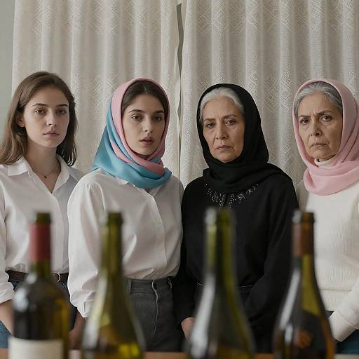 Four Women in Headscarves with Wine Bottles
