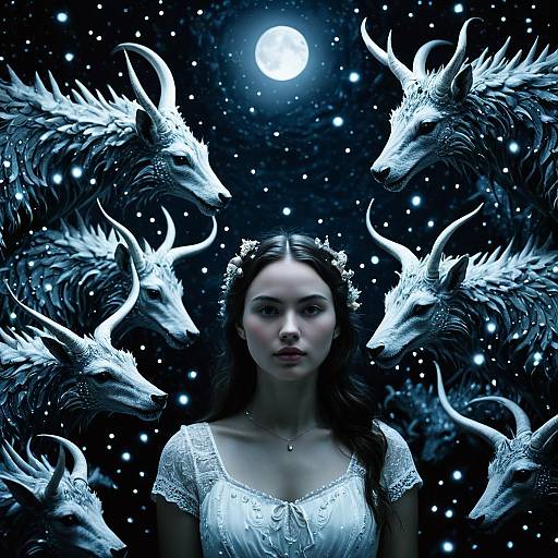 Ethereal Night Girl Surrounded by Glowing Beasts