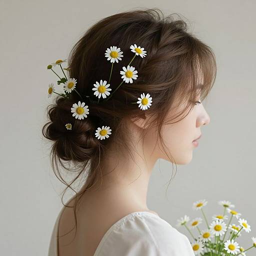 Photograph of a young woman with brown hair in a loose bun, adorned with white daisies, wearing a white off-shoulder top,