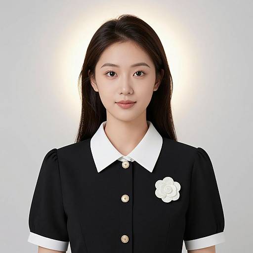 Photograph of an Asian woman with long black hair, wearing a black dress with a white collar, white flower brooch, and gold buttons, against