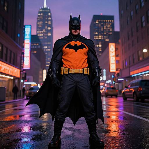 Photograph of Batman standing in a neon-lit, rainy city street, wearing a black suit with a red chest emblem, black cape, and mask