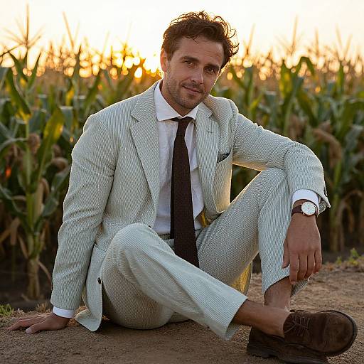 Photograph of a handsome, brown-haired man in a white pinstripe suit, black tie, and brown shoes, sitting in a cornfield at
