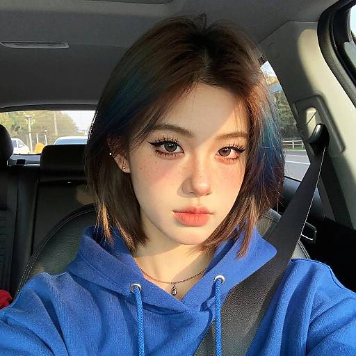 Young Woman Selfie in Car Wearing Blue Hoodie