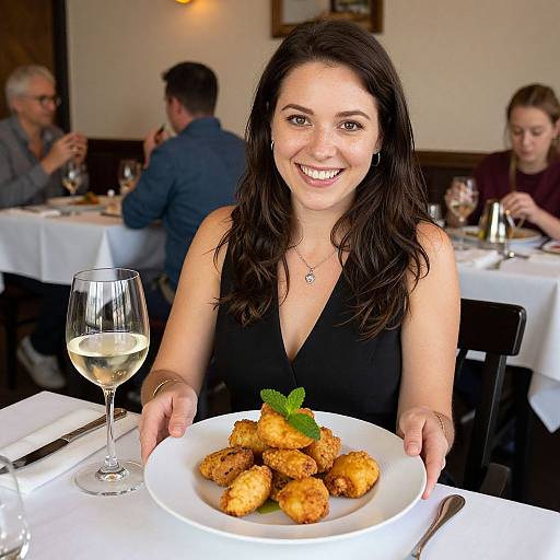 Photograph of a smiling brunette woman with long hair, wearing a black sleeveless top, holding a plate of golden fried balls garnished with mint,