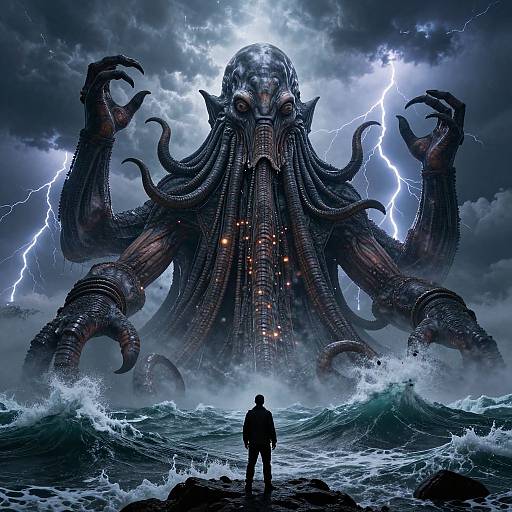 Digital artwork of a colossal, tentacled sea monster with glowing eyes and lightning bolts, looming over turbulent waves. A silhouetted figure stands