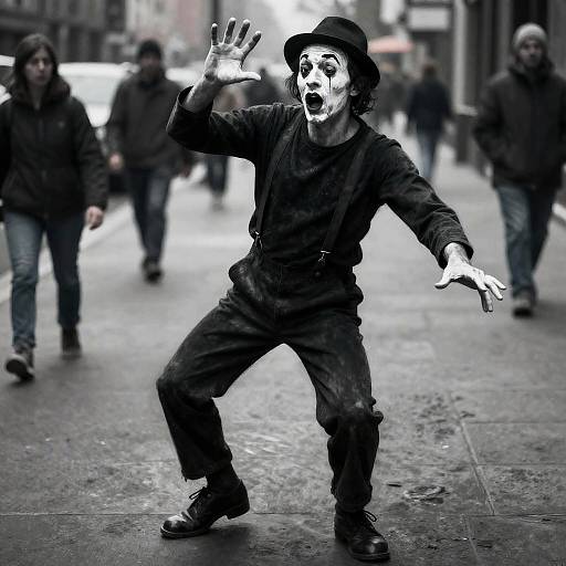 Charcoal Mime on Bustling Urban Sidewalk