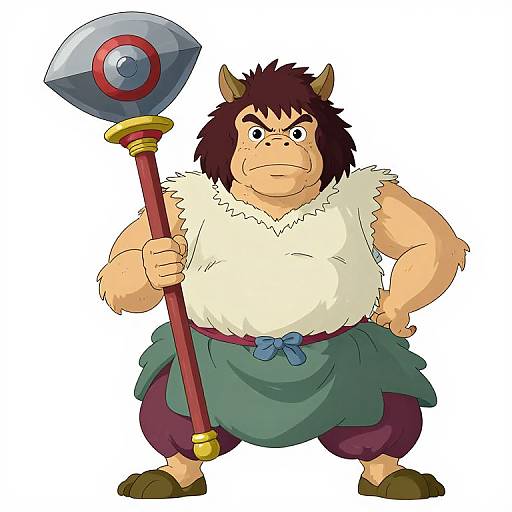 Cartoon drawing of a muscular, tan-skinned, horned man with spiky brown hair, wearing a furry white vest, green skirt, and