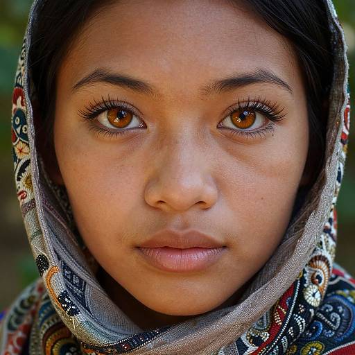Close-up photograph of a young girl with large, expressive brown eyes, wearing a patterned headscarf, and soft, neutral expression, against a
